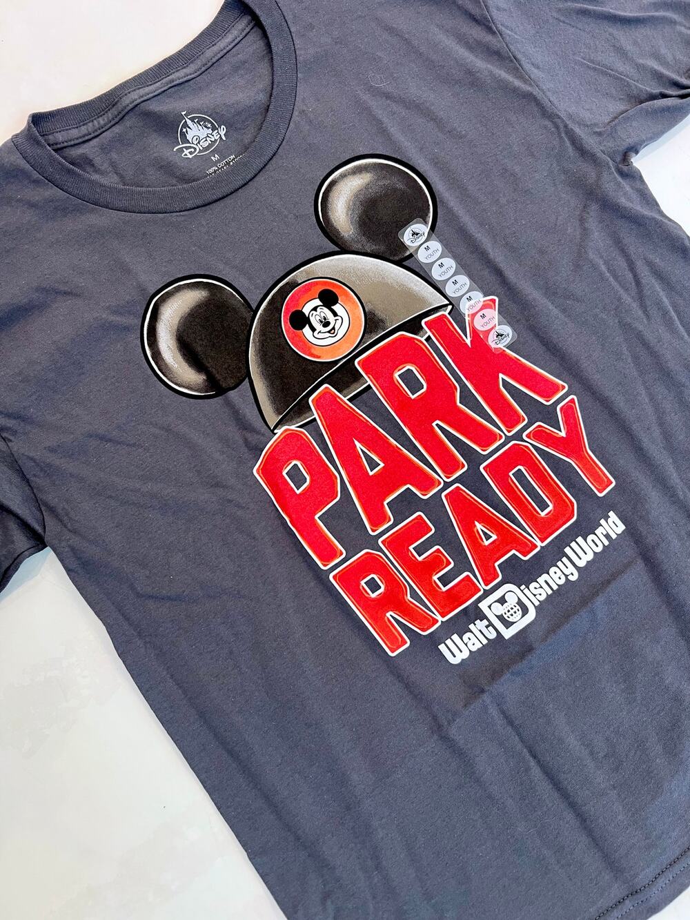 Disney Parks Mickey 'Park Ready' Grey Youth Short Sleeve Tee - Size Large - NWT